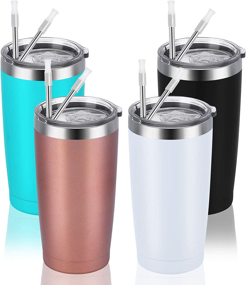 4 Pack Travel Tumblers with 8 Lids, Stainless Steel Double Wall Vacuum Travel Tumbler for Home School Office Camping, Insulated Travel Tumbler Works Good for Ice Drink, Hot Beverage(20 Oz, Silver) Home & Garden > Kitchen & Dining > Tableware > Drinkware CozyHome Mix Color 3-4  