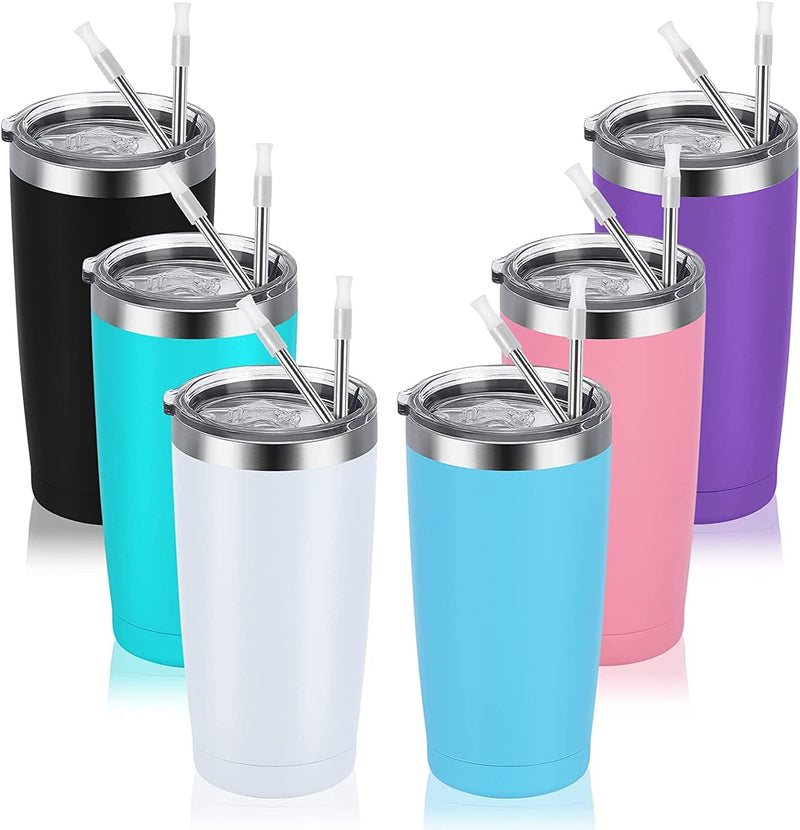 4 Pack Travel Tumblers with 8 Lids, Stainless Steel Double Wall Vacuum Travel Tumbler for Home School Office Camping, Insulated Travel Tumbler Works Good for Ice Drink, Hot Beverage(20 Oz, Silver) Home & Garden > Kitchen & Dining > Tableware > Drinkware CozyHome Mix color-6  