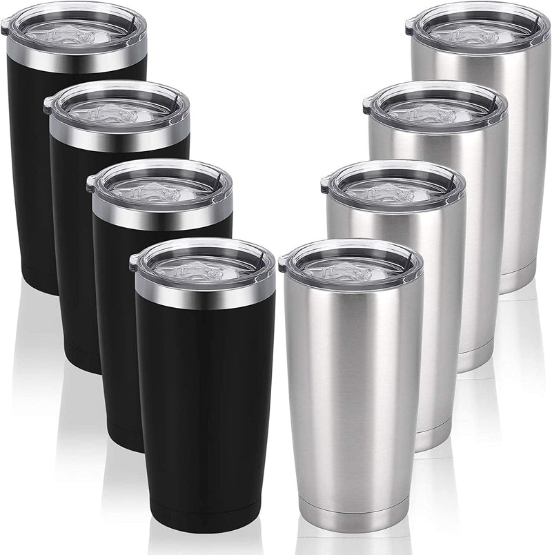 4 Pack Travel Tumblers with 8 Lids, Stainless Steel Double Wall Vacuum Travel Tumbler for Home School Office Camping, Insulated Travel Tumbler Works Good for Ice Drink, Hot Beverage(20 Oz, Silver) Home & Garden > Kitchen & Dining > Tableware > Drinkware CozyHome SILVER&BLACK-8  