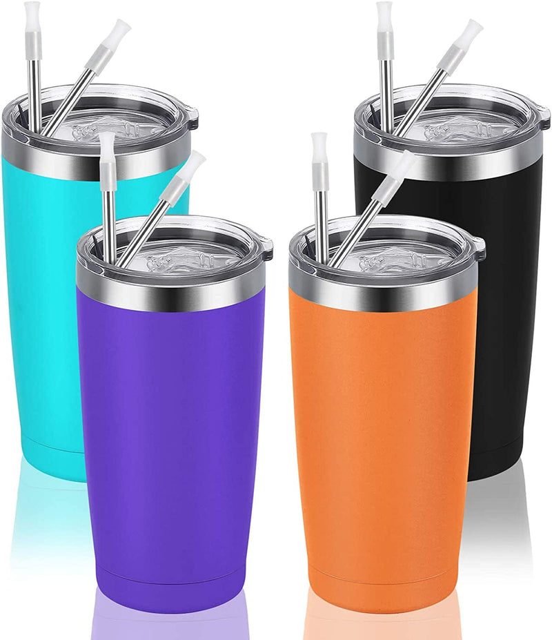 4 Pack Travel Tumblers with 8 Lids, Stainless Steel Double Wall Vacuum Travel Tumbler for Home School Office Camping, Insulated Travel Tumbler Works Good for Ice Drink, Hot Beverage(20 Oz, Silver) Home & Garden > Kitchen & Dining > Tableware > Drinkware CozyHome 3 mix-4  