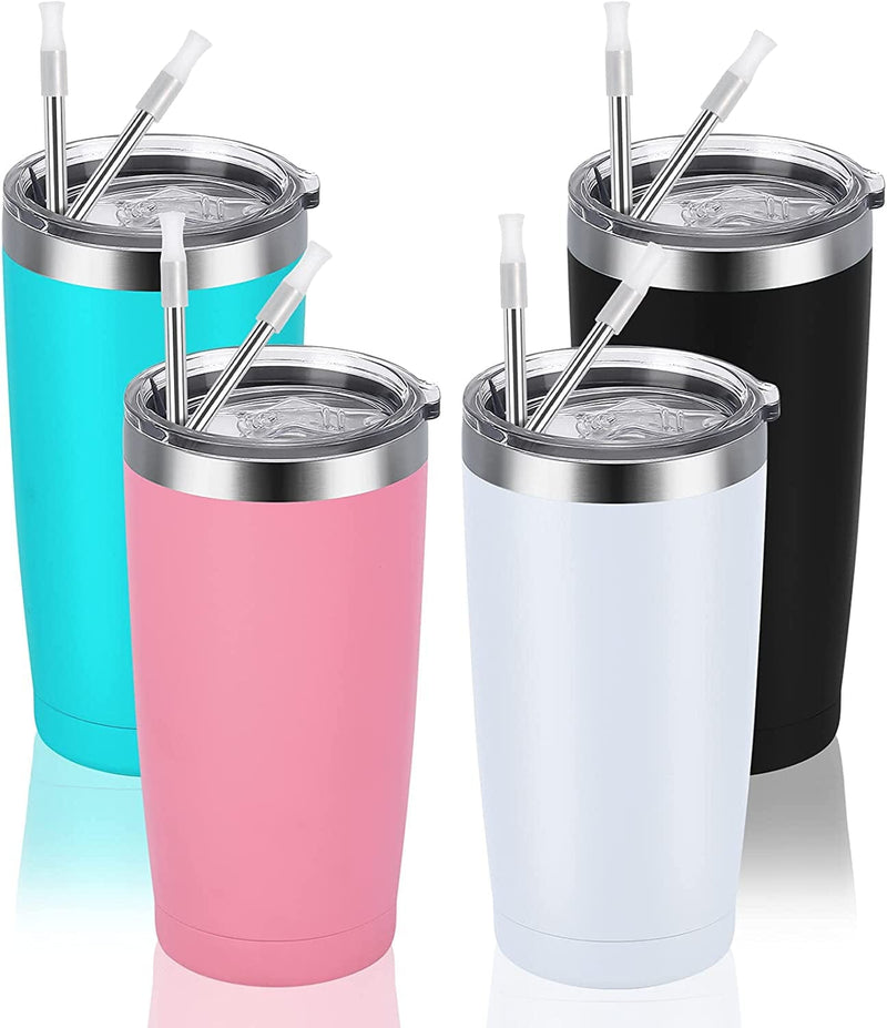 4 Pack Travel Tumblers with 8 Lids, Stainless Steel Double Wall Vacuum Travel Tumbler for Home School Office Camping, Insulated Travel Tumbler Works Good for Ice Drink, Hot Beverage(20 Oz, Silver) Home & Garden > Kitchen & Dining > Tableware > Drinkware CozyHome Mix Color 5-4  