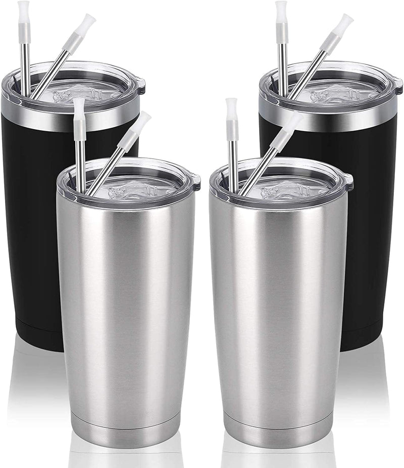 4 Pack Travel Tumblers with 8 Lids, Stainless Steel Double Wall Vacuum Travel Tumbler for Home School Office Camping, Insulated Travel Tumbler Works Good for Ice Drink, Hot Beverage(20 Oz, Silver) Home & Garden > Kitchen & Dining > Tableware > Drinkware CozyHome Silver& Black-4  