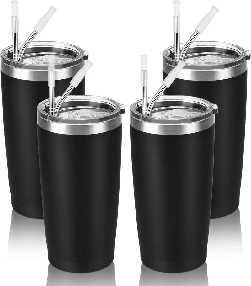 4 Pack Travel Tumblers with 8 Lids, Stainless Steel Double Wall Vacuum Travel Tumbler for Home School Office Camping, Insulated Travel Tumbler Works Good for Ice Drink, Hot Beverage(20 Oz, Silver) Home & Garden > Kitchen & Dining > Tableware > Drinkware CozyHome Stainless Steel  