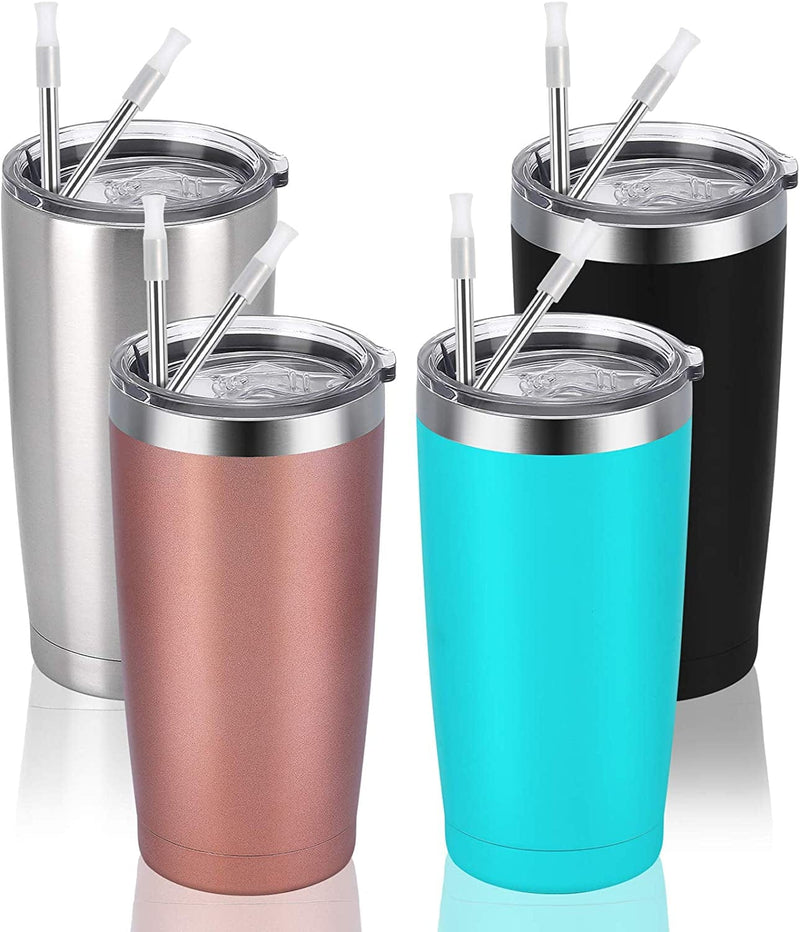 4 Pack Travel Tumblers with 8 Lids, Stainless Steel Double Wall Vacuum Travel Tumbler for Home School Office Camping, Insulated Travel Tumbler Works Good for Ice Drink, Hot Beverage(20 Oz, Silver) Home & Garden > Kitchen & Dining > Tableware > Drinkware CozyHome 4 mix-4  
