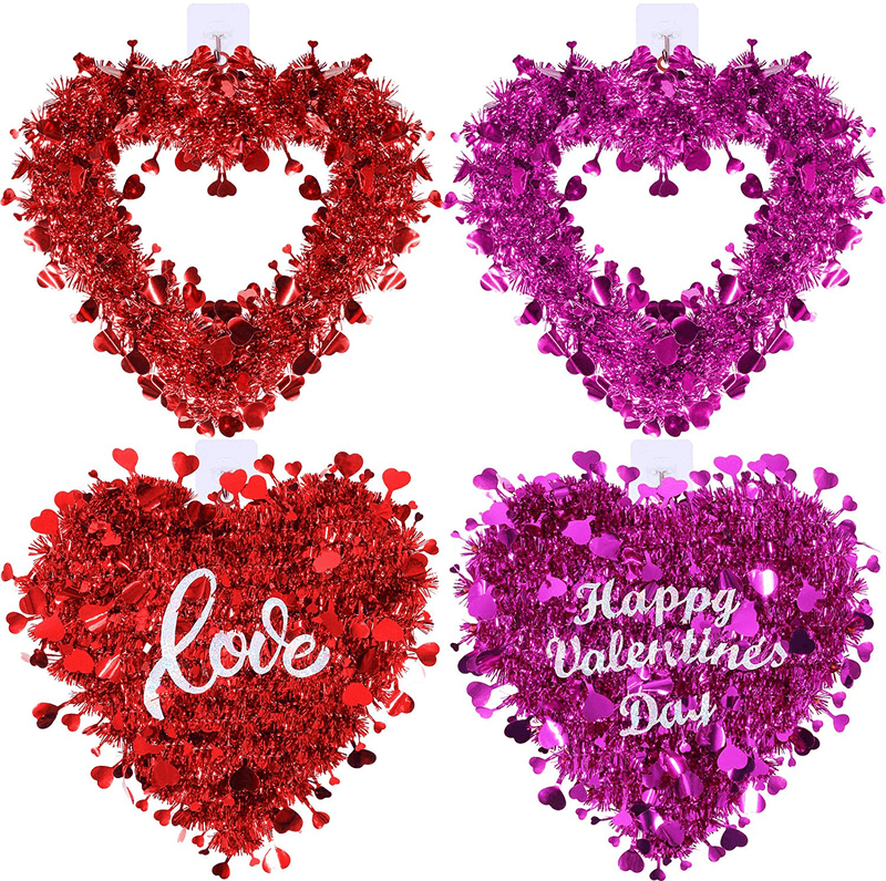 4 Pack Valentine Heart Wreaths Red Purple Tinsel Heart Shaped Wreaths with Foil Hearts Love Hanging Valentine'S Day Wreaths Decorations for Wedding Birthday Party Front Door Wall Window Mantel Décor Home & Garden > Decor > Seasonal & Holiday Decorations Winlyn   