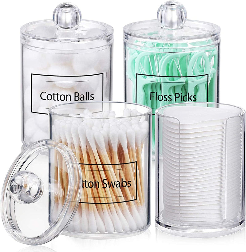 4 Pcs, 10 OZ Qtip Holder Dispenser for Cotton Ball, Cotton Swab, Cotton round Pads, Floss - Clear Plastic Apothecary Jar Set for Bathroom Canister Storage Organization, Vanity Makeup Organizer