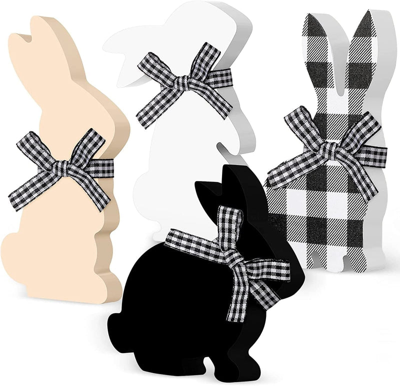 4 Pcs Easter Bunny Table Wooden Signs Bunny Shaped Farmhouse Decor Spring Bunny Wood Tabletop Easter Decorations Easter Bunny Dining Room Table Decor Sign Bunny Decor with Rope (Striped) Home & Garden > Decor > Seasonal & Holiday Decorations Queekay Rustic  