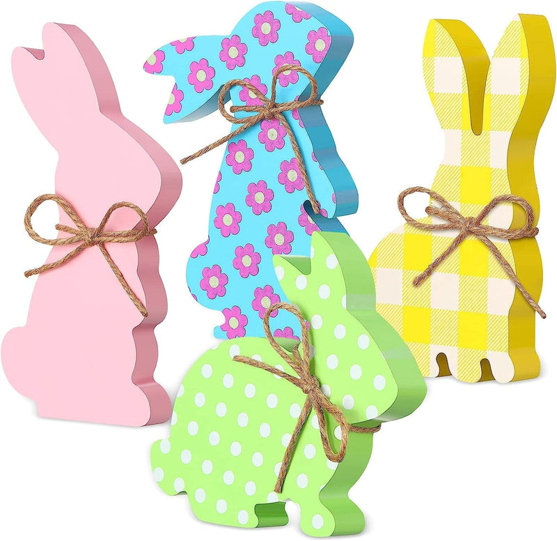 4 Pcs Easter Bunny Table Wooden Signs Bunny Shaped Farmhouse Decor Spring Bunny Wood Tabletop Easter Decorations Easter Bunny Dining Room Table Decor Sign Bunny Decor with Rope (Striped) Home & Garden > Decor > Seasonal & Holiday Decorations Queekay Flower  