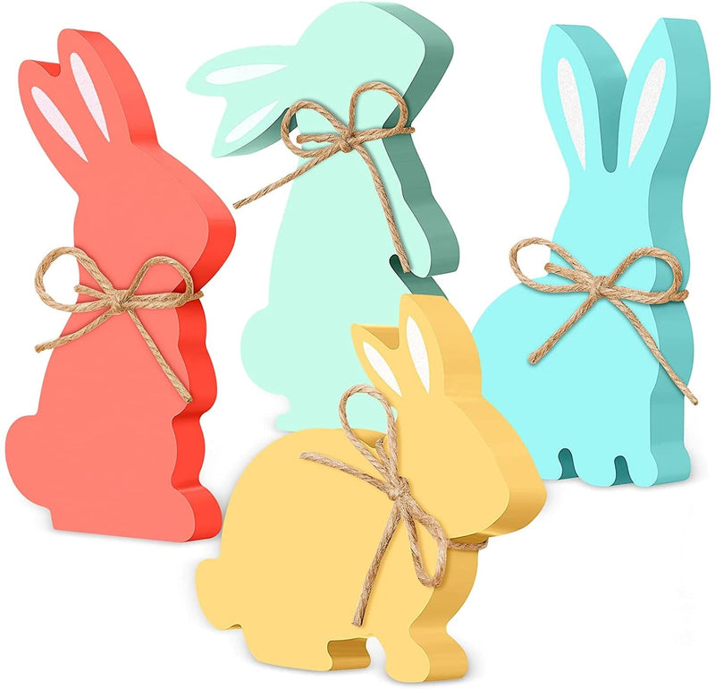 4 Pcs Easter Bunny Table Wooden Signs Bunny Shaped Farmhouse Decor Spring Bunny Wood Tabletop Easter Decorations Easter Bunny Dining Room Table Decor Sign Bunny Decor with Rope (Striped) Home & Garden > Decor > Seasonal & Holiday Decorations Queekay Cute  