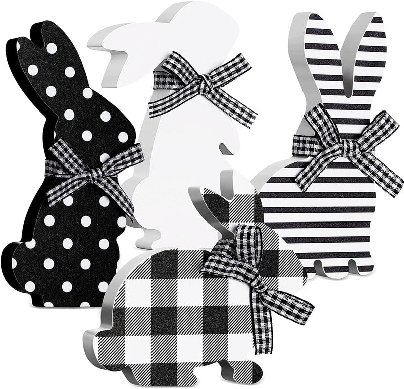 4 Pcs Easter Bunny Table Wooden Signs Bunny Shaped Farmhouse Decor Spring Bunny Wood Tabletop Easter Decorations Easter Bunny Dining Room Table Decor Sign Bunny Decor with Rope (Striped) Home & Garden > Decor > Seasonal & Holiday Decorations Queekay Striped  