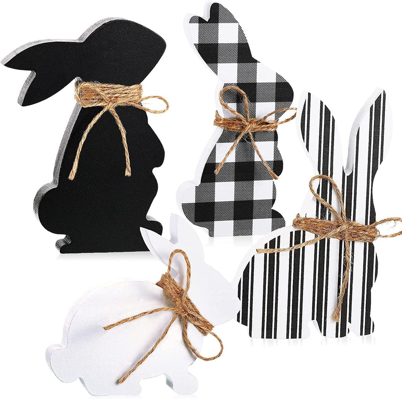 4 Pcs Easter Bunny Table Wooden Signs Bunny Shaped Farmhouse Decor Spring Bunny Wood Tabletop Easter Decorations Easter Bunny Dining Room Table Decor Sign Bunny Decor with Rope (Striped) Home & Garden > Decor > Seasonal & Holiday Decorations Queekay Plain Black White  
