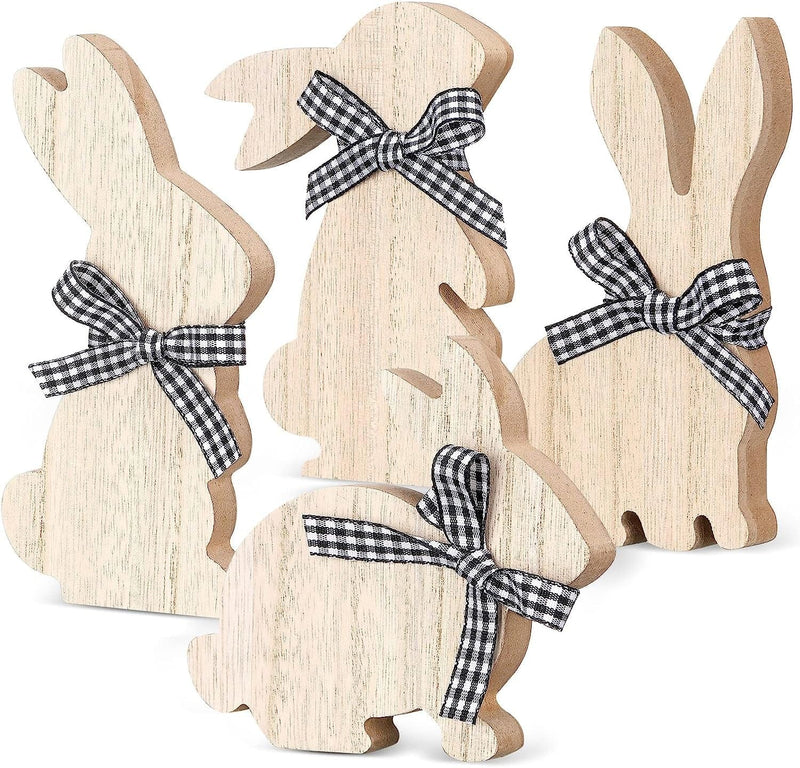 4 Pcs Easter Bunny Table Wooden Signs Bunny Shaped Farmhouse Decor Spring Bunny Wood Tabletop Easter Decorations Easter Bunny Dining Room Table Decor Sign Bunny Decor with Rope (Striped) Home & Garden > Decor > Seasonal & Holiday Decorations Queekay Wood Grain  