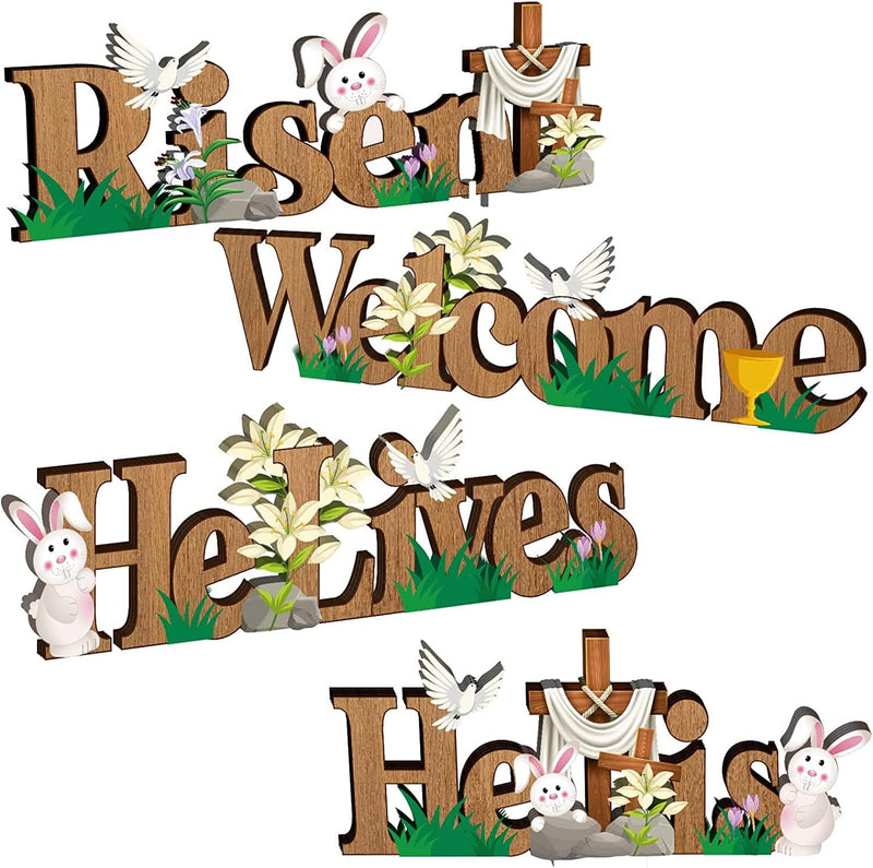 4 Pcs Easter Religious Decorations Wooden Rustic Jesus Cross He Is Risen Easter Table Centerpieces Easter Table Sign Inspirational Table Decor Cross Dove Flowers for Home Dining Room Spring Decor Home & Garden > Decor > Seasonal & Holiday Decorations Blulu Bunny  