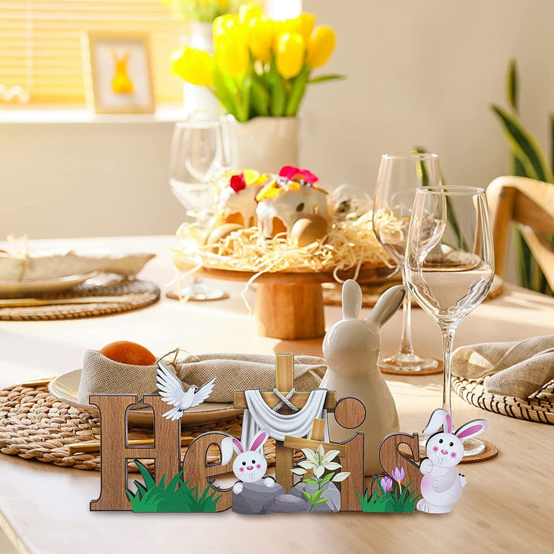 4 Pcs Easter Religious Decorations Wooden Rustic Jesus Cross He Is Risen Easter Table Centerpieces Easter Table Sign Inspirational Table Decor Cross Dove Flowers for Home Dining Room Spring Decor
