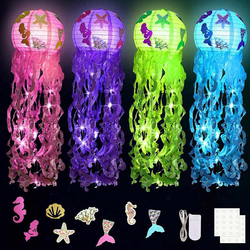 4 Pcs Jelly Fish Paper Lanterns Kit with LED Lights Mermaid Party Decorations under the Sea Ocean Birthday Party Decorations (Blue, Green, Purple, Pink,8 X 24 Inch) Home & Garden > Pool & Spa > Pool & Spa Accessories Mudder   