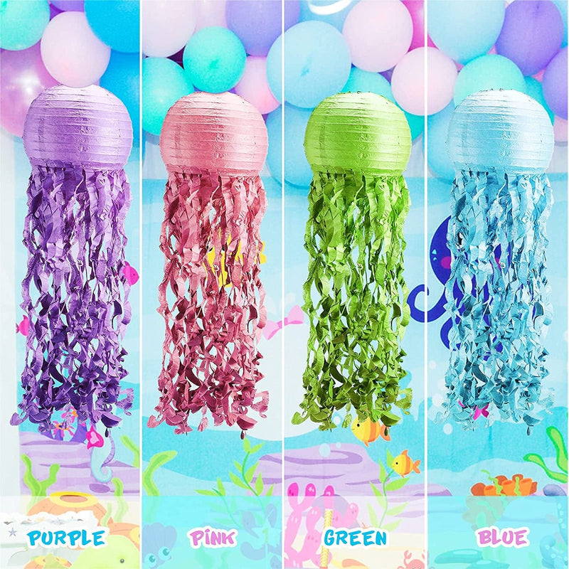 4 Pcs Jelly Fish Paper Lanterns Kit with LED Lights Mermaid Party Decorations under the Sea Ocean Birthday Party Decorations (Blue, Green, Purple, Pink,8 X 24 Inch)