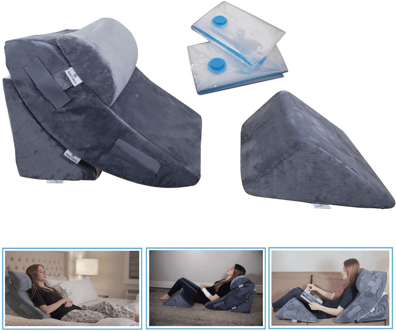 4 Pcs Orthopedic Bed Wedge Pillow Set – Post Surgery, Relaxing, Back & Adjustable Head Support Cushion – Triangle Memory Foam Pillow for Acid Reflux, Sleeping, Reading, Leg Elevation, Snoring Home & Garden > Decor > Chair & Sofa Cushions LUXE CASA Grey  