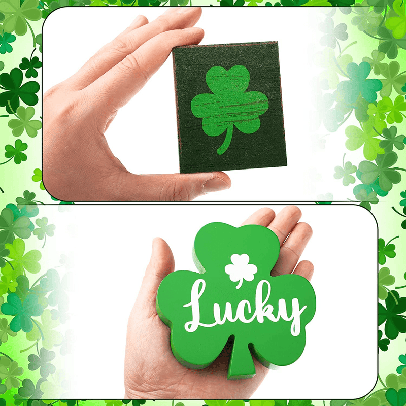 4 Pcs St. Patrick'S Day Table Sign Decoration Green Shamrock Lucky Sign Wooden Saint Patrick'S Day Tray Decor Centerpiece Irish Freestanding Decorative Plaques Cute Table Topper for Home Party Office Arts & Entertainment > Party & Celebration > Party Supplies Yookeer   