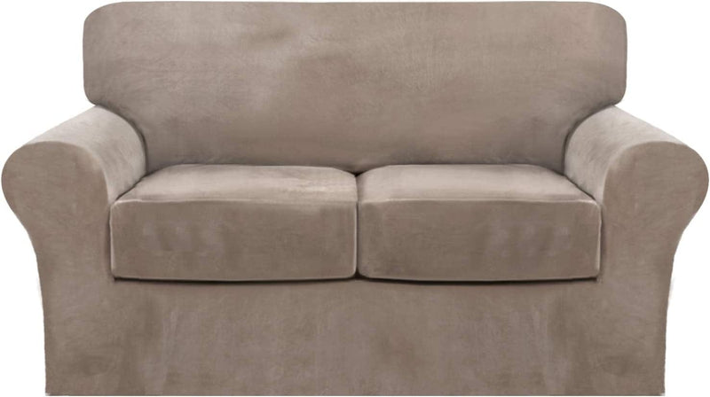 4 Piece Sofa Covers Velvet Couch Covers for 3 Cushion Couch Stretch Sofa Slipcover with Individual Seat Cushion Covers Elastic Furniture Protector for Pets, Machine Washable (Sofa, Ivory) Home & Garden > Decor > Chair & Sofa Cushions FantasDecor Taupe Loveseat 