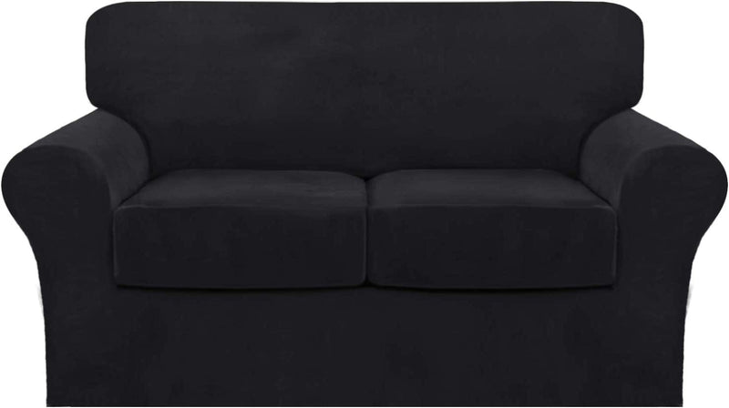 4 Piece Sofa Covers Velvet Couch Covers for 3 Cushion Couch Stretch Sofa Slipcover with Individual Seat Cushion Covers Elastic Furniture Protector for Pets, Machine Washable (Sofa, Ivory) Home & Garden > Decor > Chair & Sofa Cushions FantasDecor Black Loveseat 