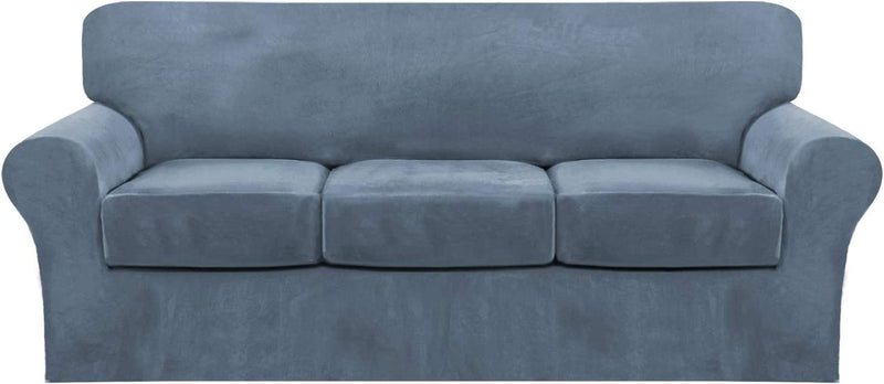 4 Piece Sofa Covers Velvet Couch Covers for 3 Cushion Couch Stretch Sofa Slipcover with Individual Seat Cushion Covers Elastic Furniture Protector for Pets, Machine Washable (Sofa, Ivory) Home & Garden > Decor > Chair & Sofa Cushions FantasDecor Stone Blue Sofa 