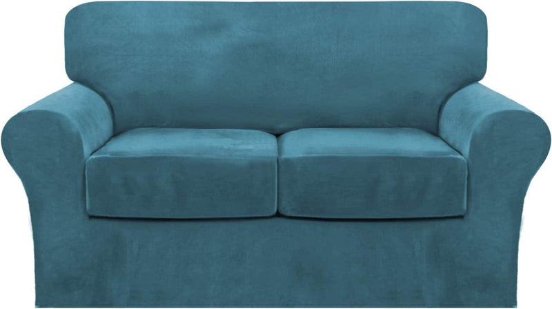 4 Piece Sofa Covers Velvet Couch Covers for 3 Cushion Couch Stretch Sofa Slipcover with Individual Seat Cushion Covers Elastic Furniture Protector for Pets, Machine Washable (Sofa, Ivory) Home & Garden > Decor > Chair & Sofa Cushions FantasDecor Peacock Blue Loveseat 