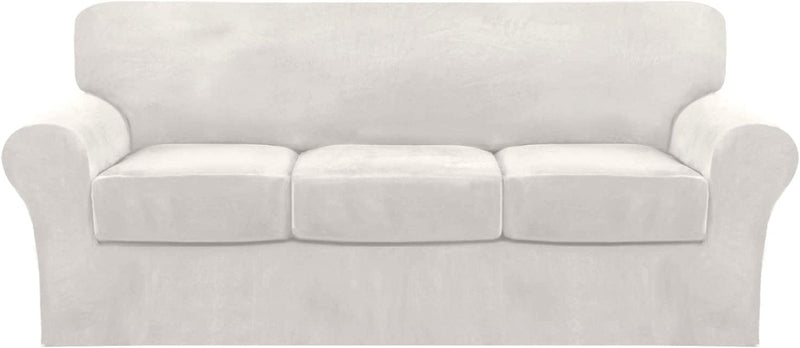 4 Piece Sofa Covers Velvet Couch Covers for 3 Cushion Couch Stretch Sofa Slipcover with Individual Seat Cushion Covers Elastic Furniture Protector for Pets, Machine Washable (Sofa, Ivory) Home & Garden > Decor > Chair & Sofa Cushions FantasDecor Off White Sofa 