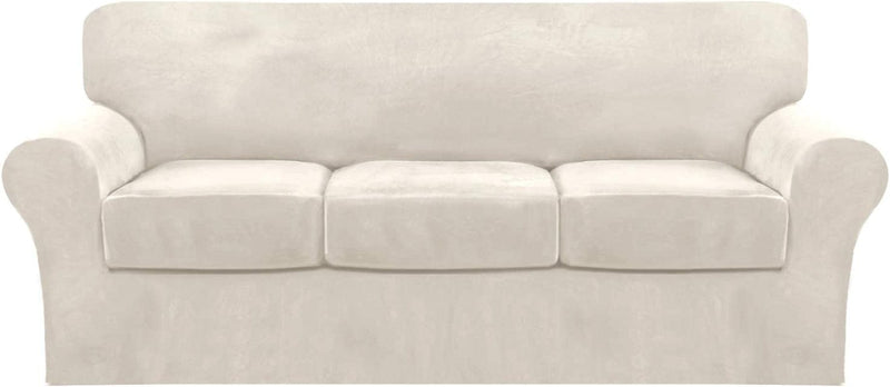 4 Piece Sofa Covers Velvet Couch Covers for 3 Cushion Couch Stretch Sofa Slipcover with Individual Seat Cushion Covers Elastic Furniture Protector for Pets, Machine Washable (Sofa, Ivory) Home & Garden > Decor > Chair & Sofa Cushions FantasDecor Ivory Sofa 