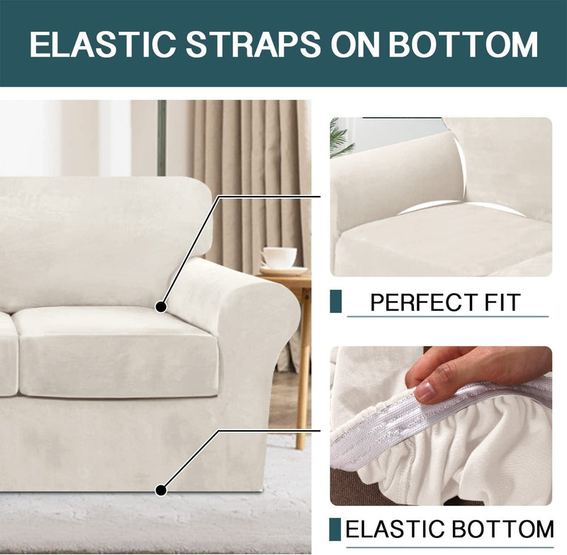 4 Piece Sofa Covers Velvet Couch Covers for 3 Cushion Couch Stretch Sofa Slipcover with Individual Seat Cushion Covers Elastic Furniture Protector for Pets, Machine Washable (Sofa, Ivory) Home & Garden > Decor > Chair & Sofa Cushions FantasDecor   