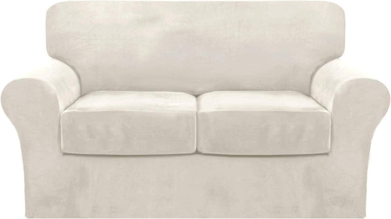 4 Piece Sofa Covers Velvet Couch Covers for 3 Cushion Couch Stretch Sofa Slipcover with Individual Seat Cushion Covers Elastic Furniture Protector for Pets, Machine Washable (Sofa, Ivory) Home & Garden > Decor > Chair & Sofa Cushions FantasDecor Ivory Loveseat 