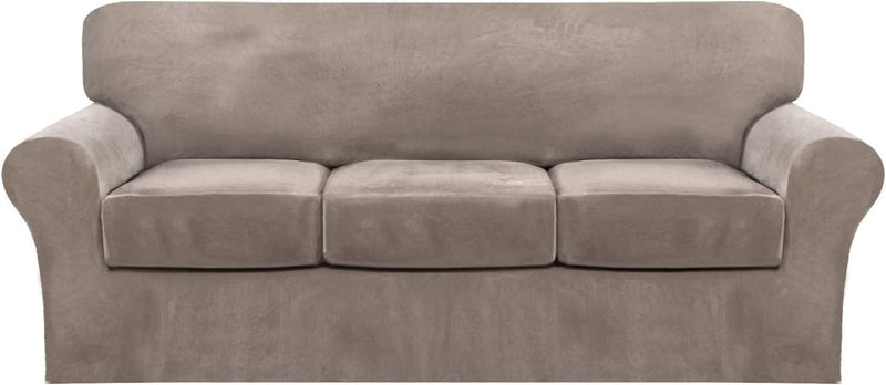 4 Piece Sofa Covers Velvet Couch Covers for 3 Cushion Couch Stretch Sofa Slipcover with Individual Seat Cushion Covers Elastic Furniture Protector for Pets, Machine Washable (Sofa, Ivory) Home & Garden > Decor > Chair & Sofa Cushions FantasDecor Taupe Sofa 