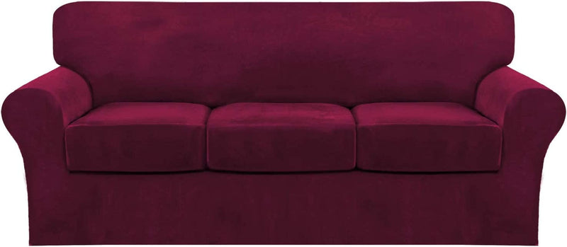 4 Piece Sofa Covers Velvet Couch Covers for 3 Cushion Couch Stretch Sofa Slipcover with Individual Seat Cushion Covers Elastic Furniture Protector for Pets, Machine Washable (Sofa, Ivory) Home & Garden > Decor > Chair & Sofa Cushions FantasDecor Burgundy Sofa 
