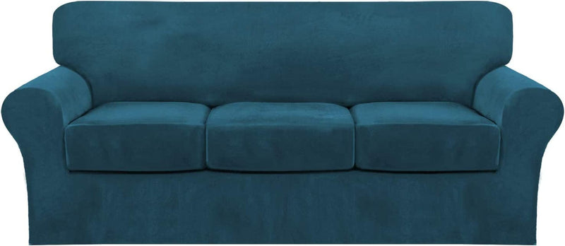 4 Piece Sofa Covers Velvet Couch Covers for 3 Cushion Couch Stretch Sofa Slipcover with Individual Seat Cushion Covers Elastic Furniture Protector for Pets, Machine Washable (Sofa, Ivory) Home & Garden > Decor > Chair & Sofa Cushions FantasDecor Deep Teal Sofa 