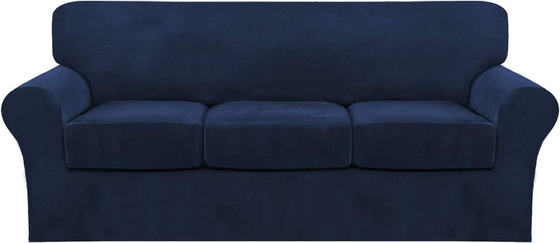 4 Piece Sofa Covers Velvet Couch Covers for 3 Cushion Couch Stretch Sofa Slipcover with Individual Seat Cushion Covers Elastic Furniture Protector for Pets, Machine Washable (Sofa, Ivory) Home & Garden > Decor > Chair & Sofa Cushions FantasDecor Navy Sofa 