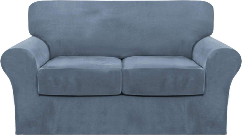 4 Piece Sofa Covers Velvet Couch Covers for 3 Cushion Couch Stretch Sofa Slipcover with Individual Seat Cushion Covers Elastic Furniture Protector for Pets, Machine Washable (Sofa, Ivory) Home & Garden > Decor > Chair & Sofa Cushions FantasDecor Stone Blue Loveseat 