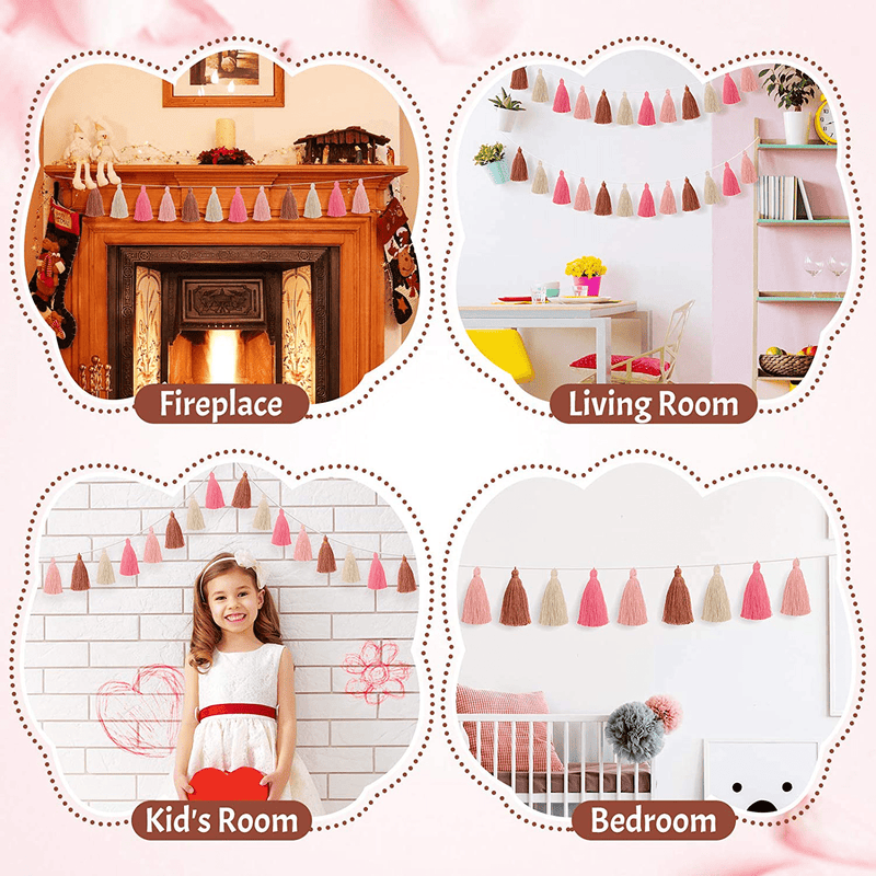 4 Pieces Christmas Tassel Garland Colorful Tassel Banner Decorative Christmas Felt Garland Wall Hanging for Festival, Pre-Assembled (Rose Red, Pink, Brown, Khaki,3.1 Inch)