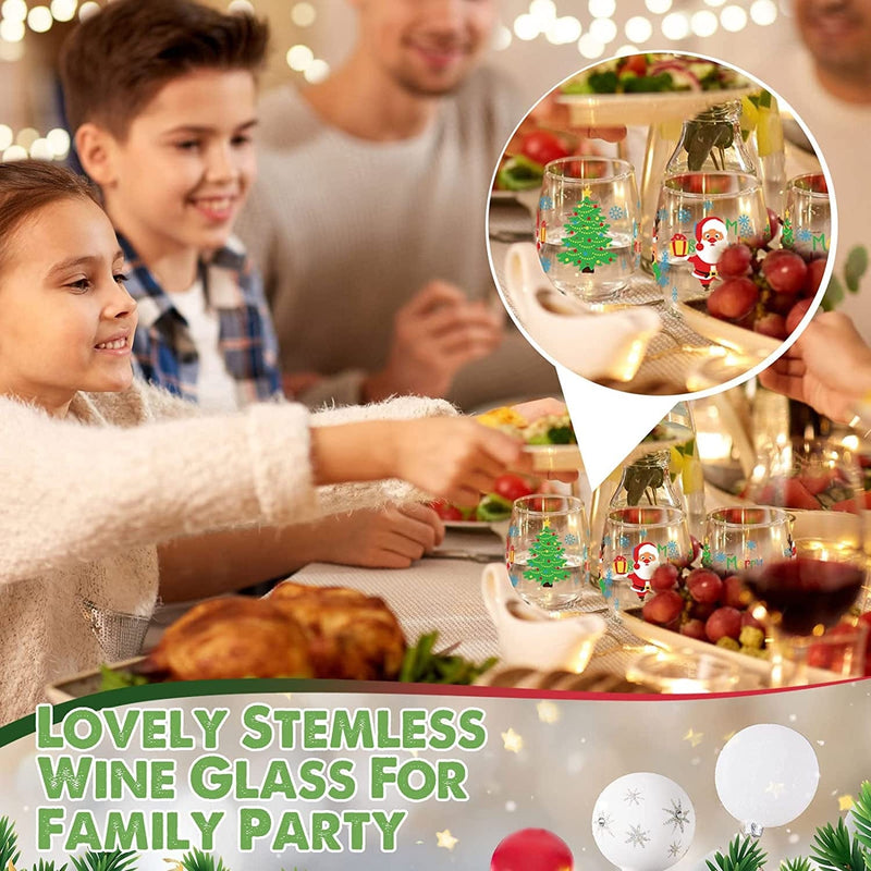 4 Pieces Christmas Wine Glass, 17 Oz Merry Christmas Wine Glass Christmas Stemless Wine Glass Creative Christmas Gifts for Women Men Family Friends