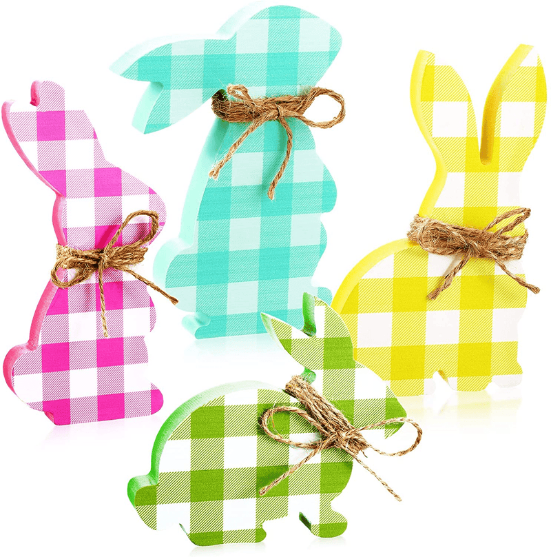 4 Pieces Easter Bunny Table Wooden Signs Bunny Shaped Farmhouse Decor Spring Bunny Wood Tabletop Easter Decorations Easter Bunny Dining Room Table Decor Sign Wood Bunny Decor with Rope (Classic Style) Home & Garden > Decor > Seasonal & Holiday Decorations Queekay Cute Style  