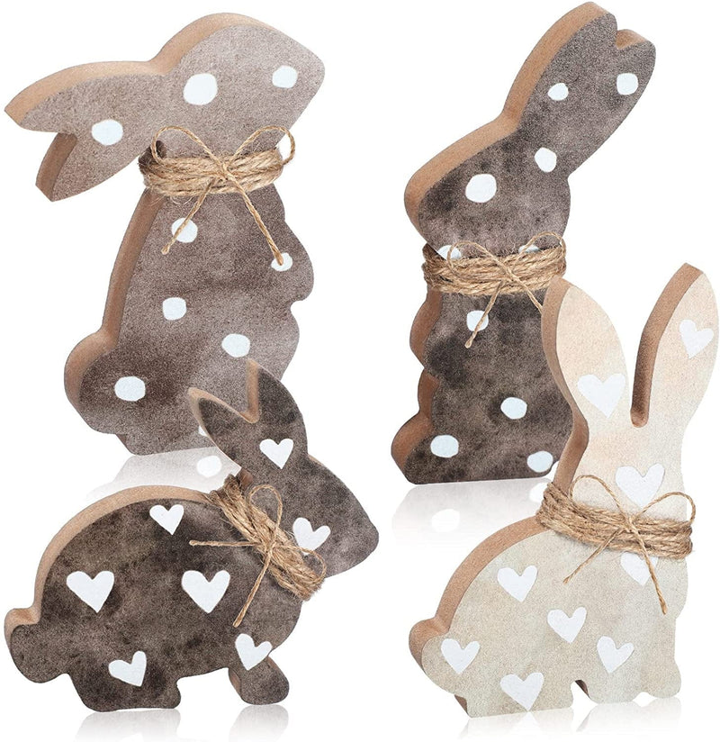 4 Pieces Easter Bunny Wooden Sign, Bunny Shape Easter Decorations Tabletop Rabbit Decor with Jute Rope Freestanding Farmhouse Rabbit Tiered Tray Decor for Spring Party Desk Office Gift Table Home Home & Garden > Decor > Seasonal & Holiday Decorations Chunful   