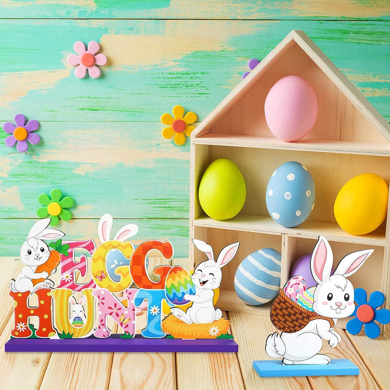 4 Pieces Happy Easter Table Sign Decoration Wooden Egg Hunt Tabletop Centerpiece Spring Party Bunny Sign Ornaments Easter Holiday Table Topper for Home Office Easter Holiday Party Table Decor Supplies
