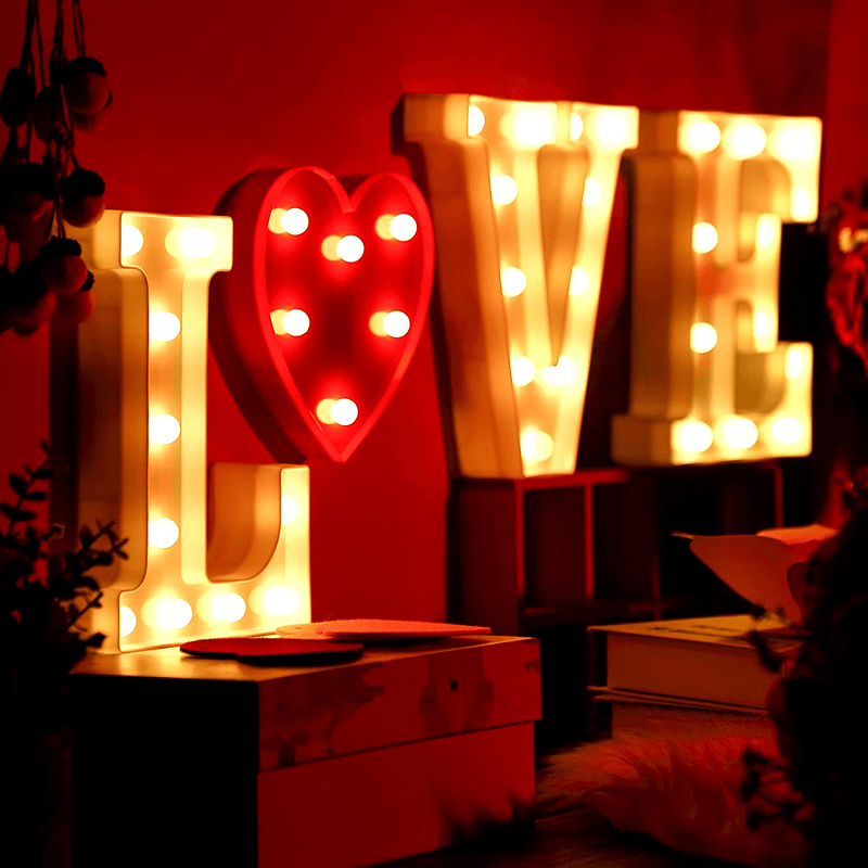 4 Pieces LED Alphabet Letter Lights Love Letter Heart Light Sign Light Decoration Battery Powered for Valentine'S Day Christmas Night Home Birthday Bridal Party Bar Lamp Decoration