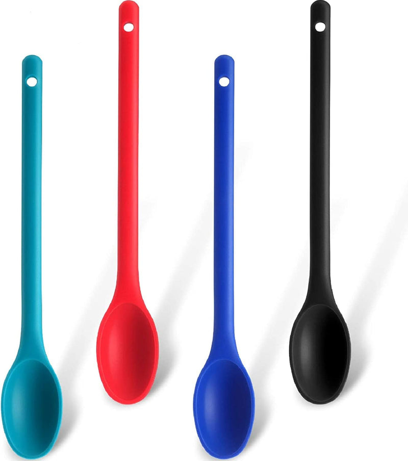 4 Pieces Silicone Mixing Spoon Long Multicolored Nonstick Kitchen Spoon Silicone Serving Spoon Heat-Resistant Stirring Spoon for Kitchen Cooking Baking Stirring Mixing Tools (Black, Red, Blue, Green)