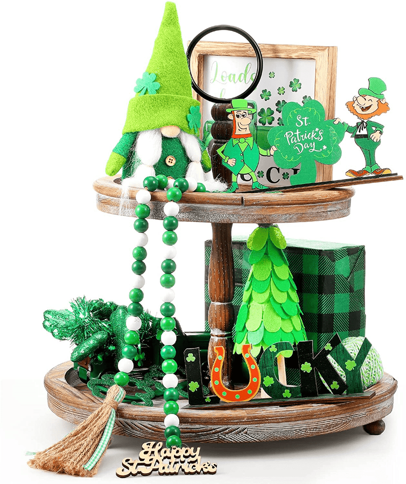 4 Pieces Tiered Tray Decor Set Including Gnomes Doll Wood Sign Decor Wooden Cutout Letter Sign Wooden Bead Garland for Halloween St Patrick'S Day Easter Honey Bee (Happy Style) Home & Garden > Decor > Seasonal & Holiday Decorations Skylety Classic  