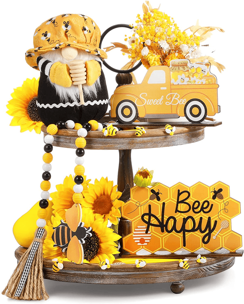 4 Pieces Tiered Tray Decor Set Including Gnomes Doll Wood Sign Decor Wooden Cutout Letter Sign Wooden Bead Garland for Halloween St Patrick'S Day Easter Honey Bee (Happy Style) Home & Garden > Decor > Seasonal & Holiday Decorations Skylety Bee Style  