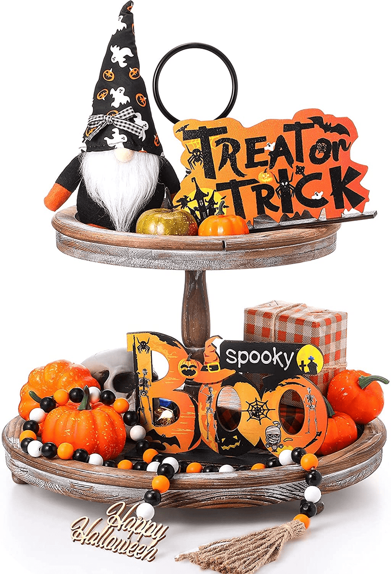 4 Pieces Tiered Tray Decor Set Including Gnomes Doll Wood Sign Decor Wooden Cutout Letter Sign Wooden Bead Garland for Halloween St Patrick'S Day Easter Honey Bee (Happy Style) Home & Garden > Decor > Seasonal & Holiday Decorations Skylety Boo Style  