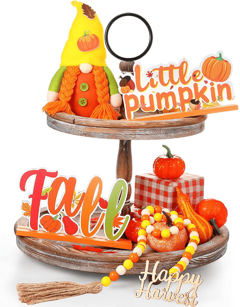 4 Pieces Tiered Tray Decor Set Including Gnomes Doll Wood Sign Decor Wooden Cutout Letter Sign Wooden Bead Garland for Halloween St Patrick'S Day Easter Honey Bee (Happy Style) Home & Garden > Decor > Seasonal & Holiday Decorations Skylety Fall Style  