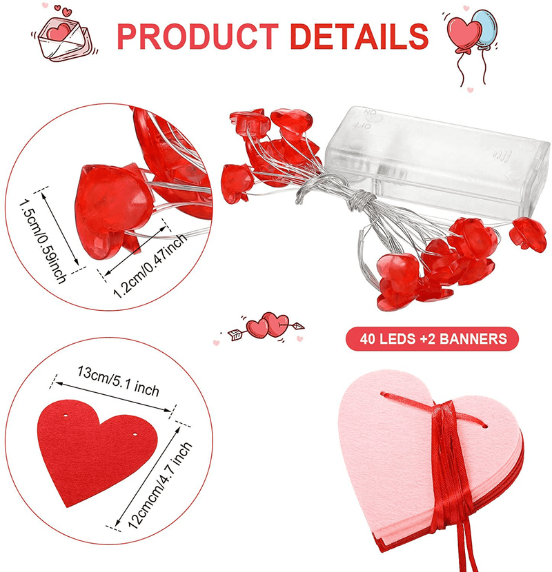 4 Pieces Valentine'S Day String Lights Fairy Heart String Lights 16 Ft 40 LED Red Heart Shaped Twinkle String Lights Heart Banner Red Rose Red and Light Pink Heart Garland for Valentine'S Day Home & Garden > Decor > Seasonal & Holiday Decorations Mudder   