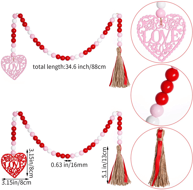 4 Pieces Valentine'S Day Wooden Bead Garlands, Fengek 34.6 Inch Heart Wood Hanging Garlands with Tassel and 11.2 Inch Rustic Embellishments Wall Hanging Beads Ornaments for Wedding Anniversary Home & Garden > Decor > Seasonal & Holiday Decorations Fengek   