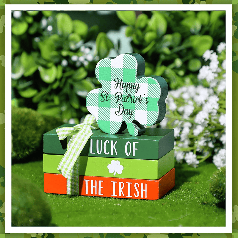 4 Pieces Wood Decorative Book Stack Mini Faux Tiered Tray Wood Books Reversible Wooden Sign Rustic Farmhouse Bookshelf Decor for Valentine'S Day Saint Patrick'S Day Easter Summer (Lucky Style)