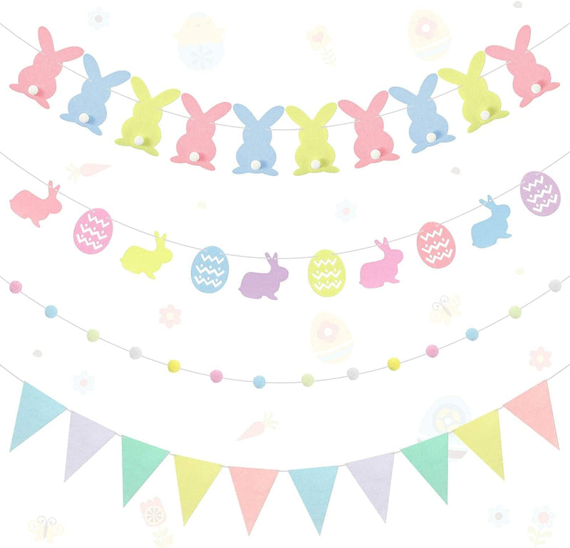4 Sets Easter Bunny Banner, Rabbit and Easter Eggs Bunting Banner, 10 Non-Woven Pennant Flags, Easter Felt Ball Garlands, Easter Pom Pom Garland Hanging Decoration for Indoor Outdoor Garden
